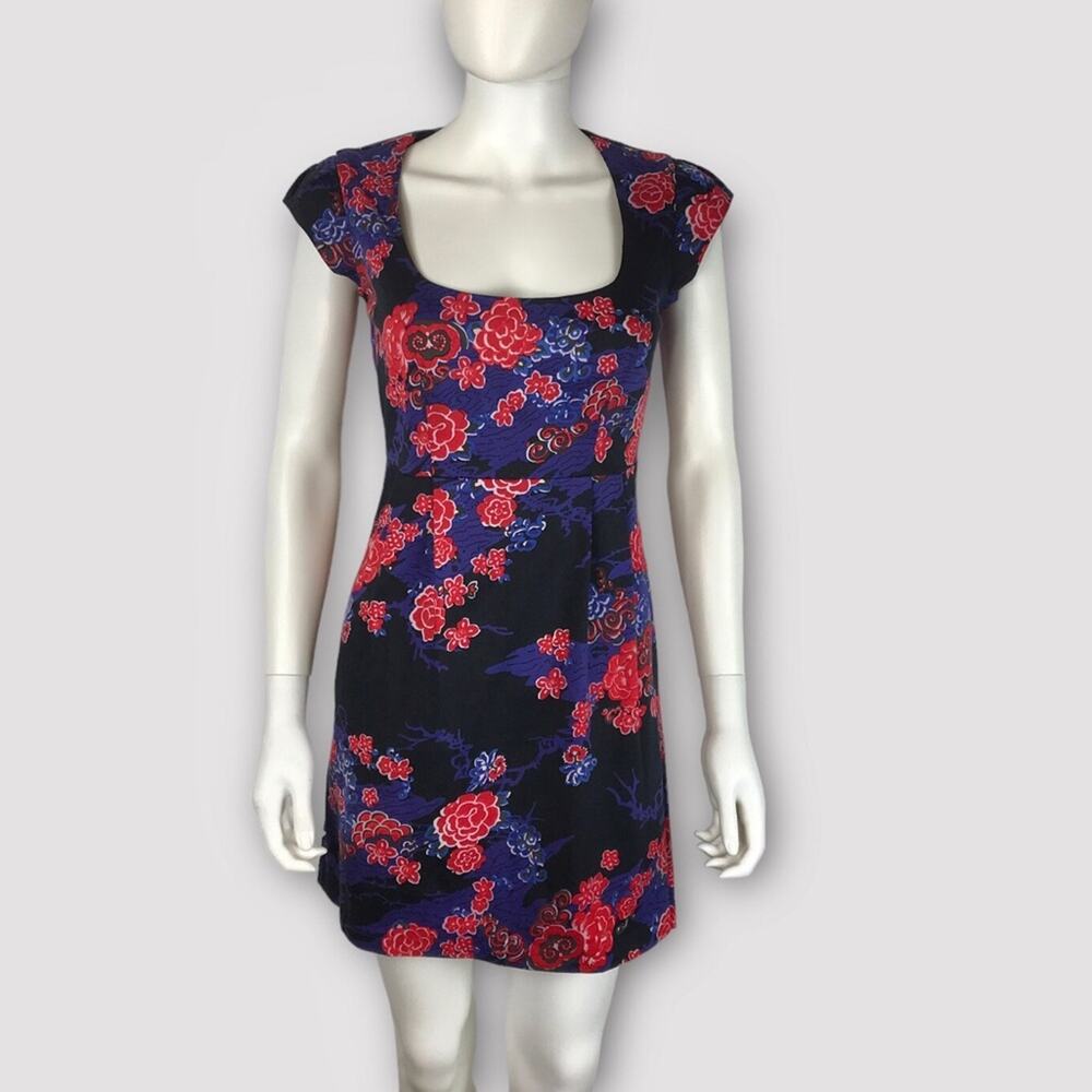 French Connection Floral Mini Dress Black Navy Blue & Red